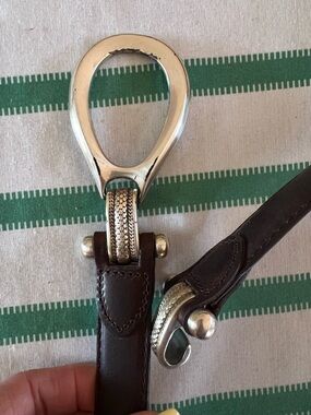 Smooth brown leather belt silver tone oval clasp buckle adjustable